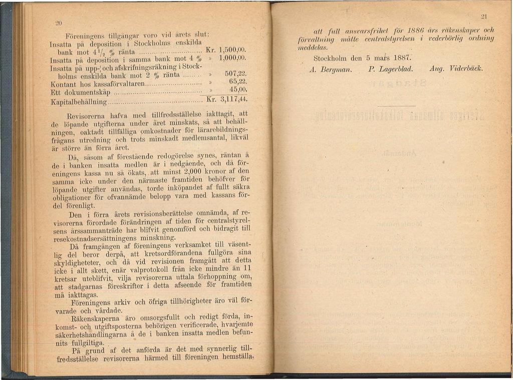 21 FörenL11p;el1,' tiu gå nga.r voro vid ~!r o ts slut: Im;atta på deposition i Stockholms enskilda bank mot 4 1/ 2 % ränta........................ Kr. 1,500,00.