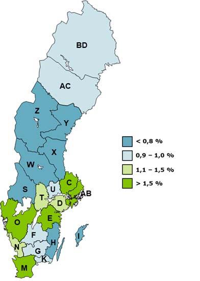 Förväntad procentuell sysselsättningsförändring (16-64 år) mellan kvartal 4 2018 och kvartal 4 2019 Inskrivna arbetslösa 16-64 år som andel av registerbaserad arbetskraft, prognos kvartal 4 2019 AB