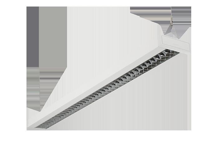 Takmonterad arbetsplatsarmaturer (pendel) med upp- och nedåtriktat ljus 10-P1 10-P1 är en pendlad armatur med nedljus som levereras i vitlackerat stål med vita plastgavlar.