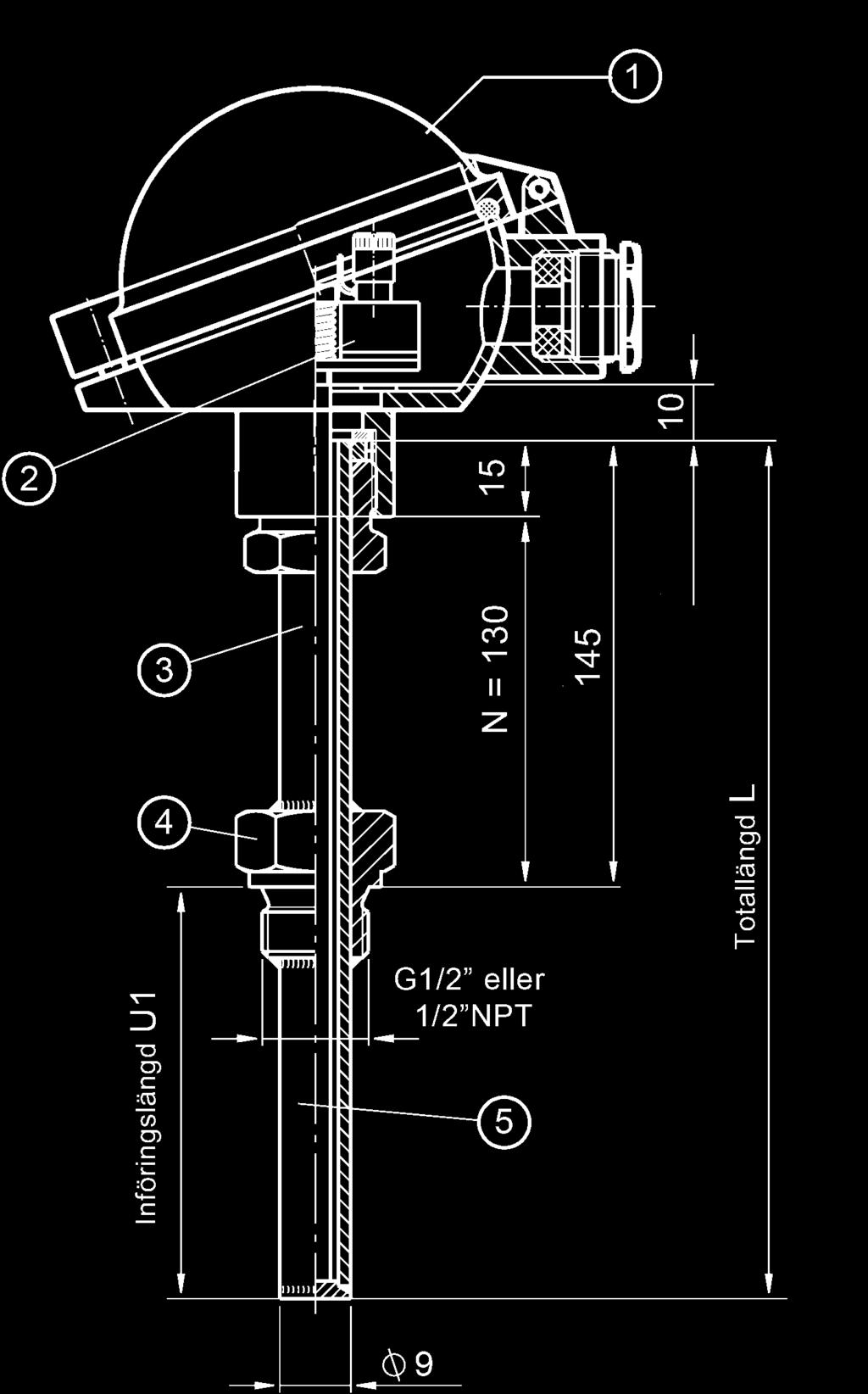 utg.12.01 Måttskiss TR10-C 1. Kopplingshuvud typ BSZ 2. Mätinsats med keramisk sockel eller temptransmitter 3.