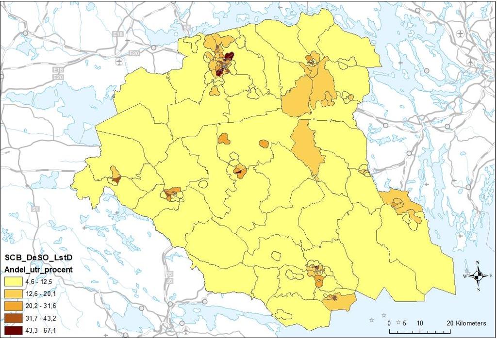 Andel utrikes födda i Södermanlands län den 31 december 2018, angett i procent Källa: Sörmlandsdatabasen/SCB Enligt