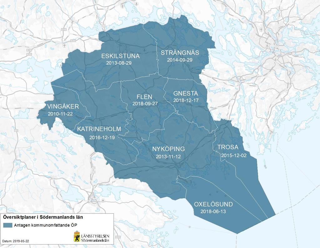 Aktuella översiktsplaner Länets kommuner bedriver en aktiv översiktlig planering. Hur aktuell översiktsplan respektive kommun i länet har framgår av följande bild.