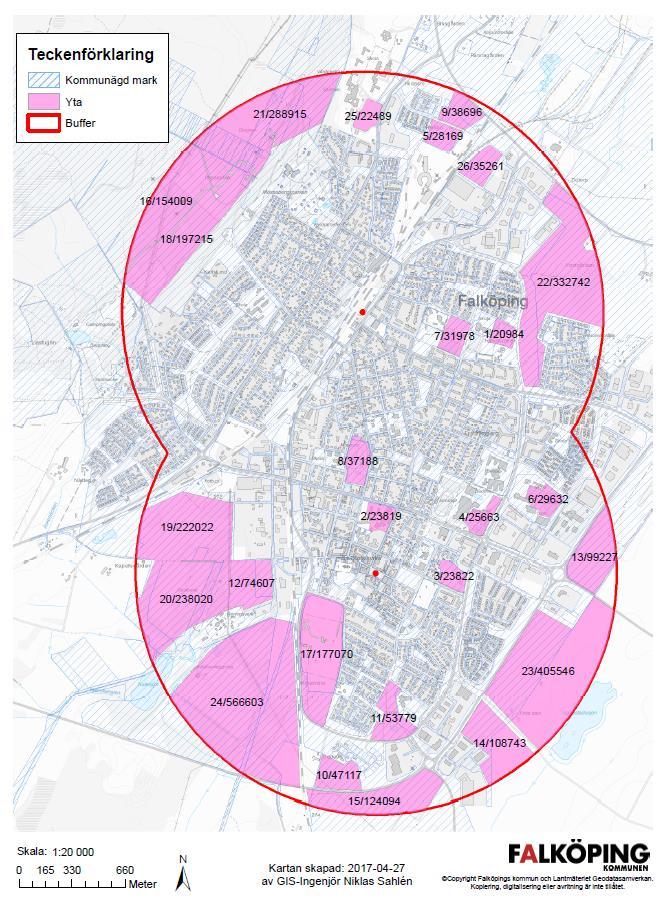 Avgränsning I ett första steg har en GIS-analys gjorts för att helt objektivt, enbart utifrån uppställda kriterier visa på vilka ytor som överhuvudtaget finns i Falköpings centralort.