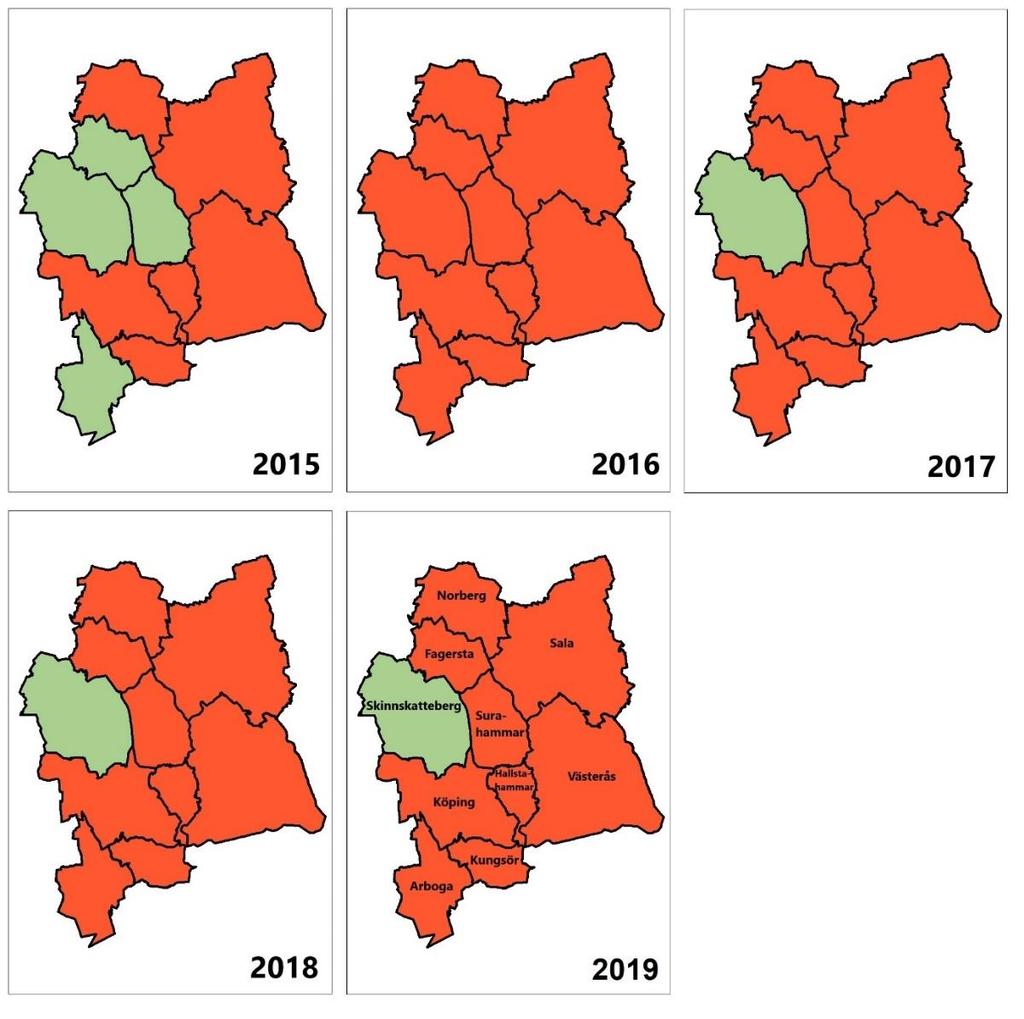 Figur 3.1.1 Kommunernas bedömningar av bostadsmarknadsläget i kommunen som helhet i januari respektive år. Källa: Bostadsmarknadsenkäten 2015, 2016, 2017, 2018 och 2019.