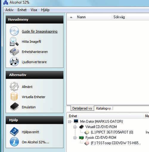 Skapa en image-fil Innehållet på en cd kopieras till hårddisken genom att man skapar en image-fil med Alcohol %.