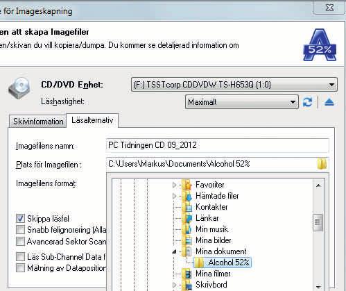 Välj formatet Standard ISO Image fil (*.iso) 7 om imagefilen ska användas i andra image-program. Klicka på Start 8.