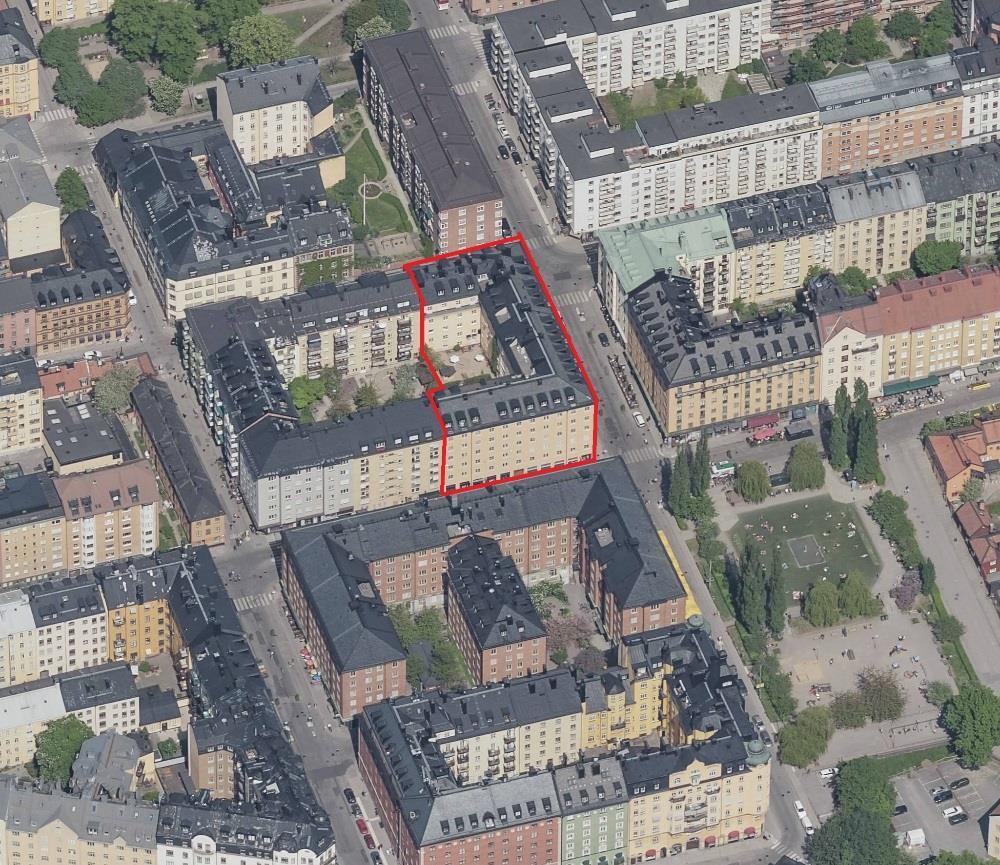 Sida 6 (10) Nuvarande förhållanden Stadsbild Planområdet markerat på flygbild över området. Södermalm består till stor del av tät rutnätsstad.