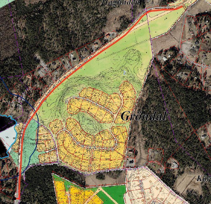 Föreslagen sträckning (röd markering) illustrerad på gällande byggnadsplaner 3.4 Natur- och kulturmiljö. Inga markföroreningar eller fornlämningar har identifierats för sträckan. 4.