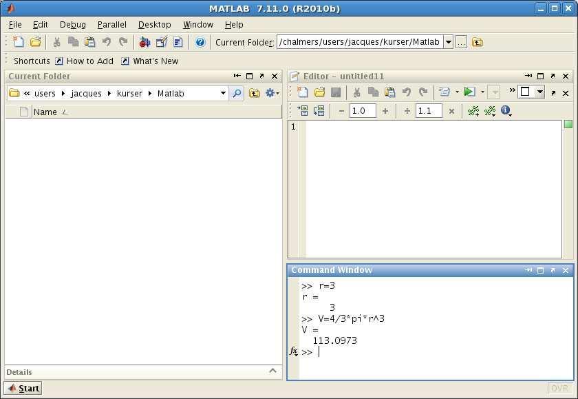 Matlab-fönstret man får upp kallas Desktop och dess konfiguration eller uppdelning kallas Desktop Layout.