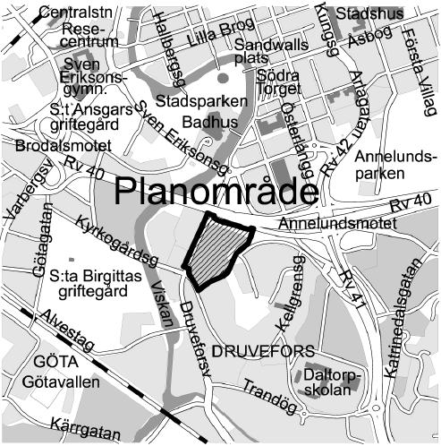 Figur 5: Planområde för Druvefors, Björnflokan 5 m.fl. Druveforsvägen, BN 2015-858 (karta hämtat ur planbeskringen, Borås Stad) Spridningsberäkningarna utfördes i en 3D-modellering.