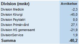 Tabellen nedan visar avvikelsen gentemot budget per division inom Hälso- och sjukvården.