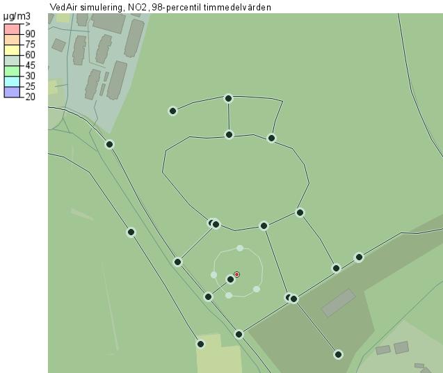 Figur 11. NO 2 som 98-percentil timme. T.v. beräknat med SIMAIR korsning för det utbyggda förslaget med prognoserade trafikflöden och emissionsfaktorer.