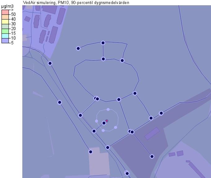 PM10 som 90-percentil dygn beräknat med SIMAIR korsning för det utbyggda förslaget med prognoserade trafikflöden och emissionsfaktorer.