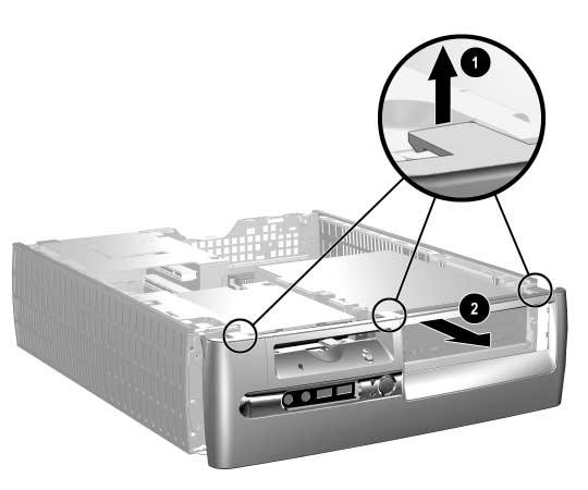 6. För att ta bort frontpanelen, drar du försiktigt upp alla tre hakarna 1 ovanpå panelen och drar sedan 2 bort panelen från chassit.