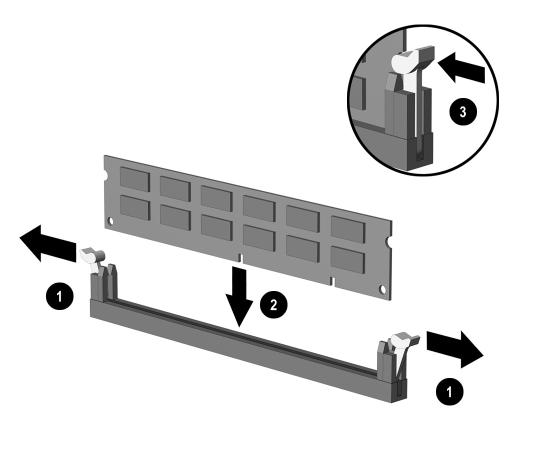 7. Öppna sockelns båda hakar 1 och sätt sedan i minnesmodulen isockeln 2. Installera en DIMM Du kan bara installera en minnesmodul på ett sätt. Passa spåret på modulen med haken på minnessockeln.