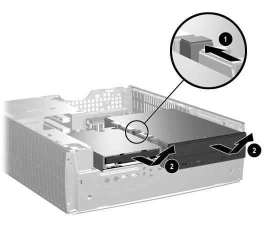 8. Skjut enhetens låshake 1 mot chassits bakre del och håll den kvar. 9. Skjut ut enheten 2 mot hållarens framdel och ta sedan bort den från datorn.