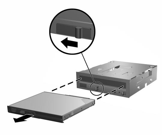 Ta bort en enhet från MultiBay-platsen 1. Avbryt alla program, stäng av datorn på rätt sätt via operativsystemet. Stäng därefter av all kringutrustning. 2. Ta bort eventuell MultiBay-säkerhetsskruv.