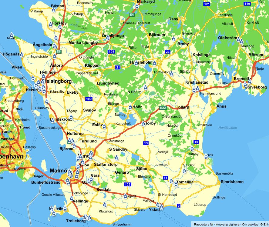 Figur 7. Fördelning av laddplatser (blå markörer) Nämnas bör att många skånska aktörer bedriver ett aktivt arbete för att förbättra infrastrukturen för fossilfria drivmedel.