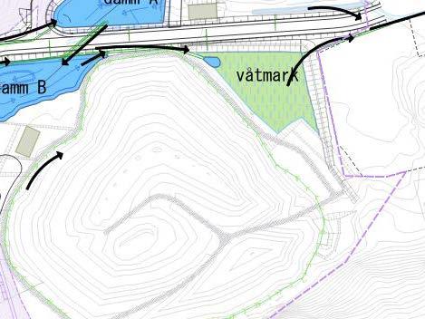 Figur 16a och b, våtmark vid normalregn resp dimensionerande regn. Nivån på den grusade stigen bör ligga på över +20 m, för att det ska gå att passera området även vid högsta vattennivå.