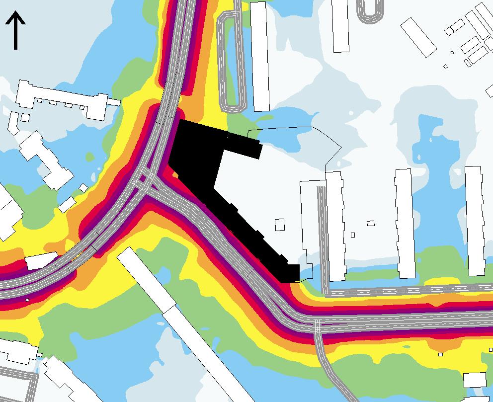 Figur 5. Ljudutbredningskarta för år 2040, maximal ljudnivå 3.