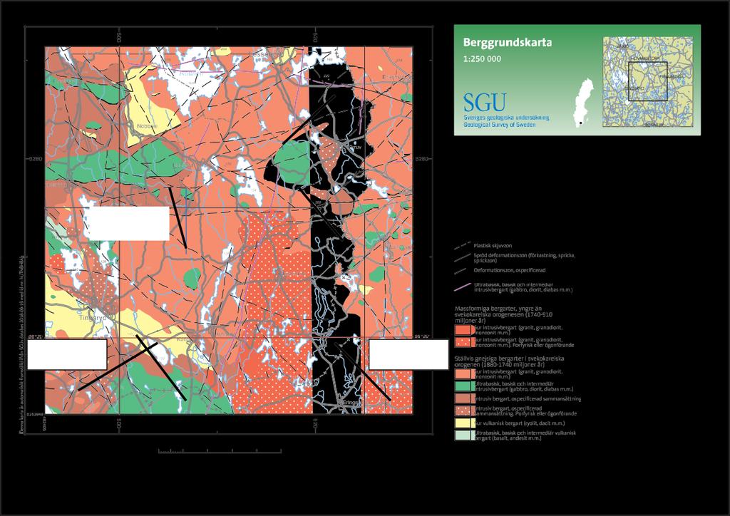 2 Geologin om forskningsområden Kartan i figur 1 ger en generaliserad bild av berggrundens sammansätning och dess ålder. Kartan är hämtad från Sverige Geologiska Undersökning, SGU [4].