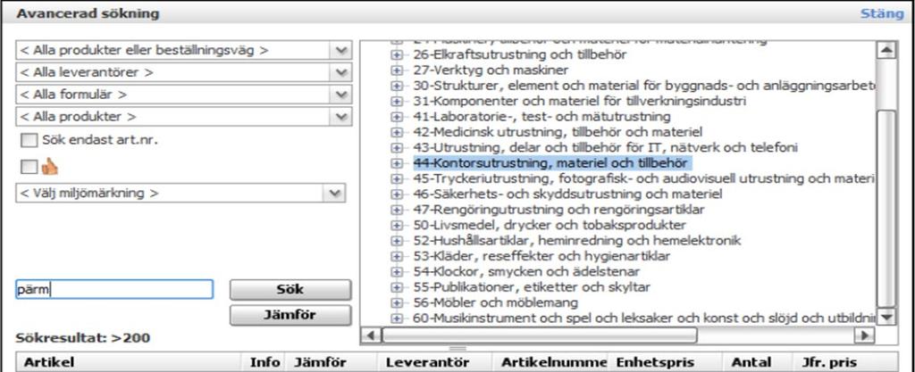 Figur 29 Sökmöjligheter i inköpsmodulen (Göteborgs stad, 2009a) Antingen kunde man bläddra sig fram via avtalsområden eller specifika avtal (d.v.s. utbudet hos en viss leverantör) och därifrån ner på produktnivå.