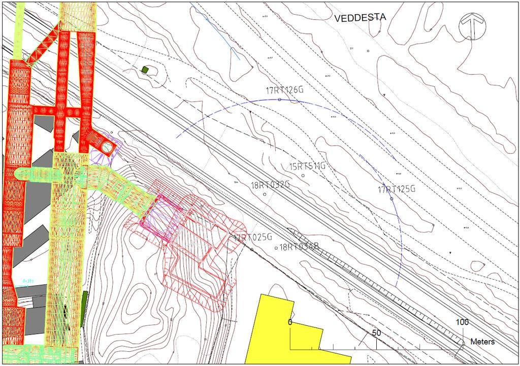 Figur 4. Gränser för bedömd minimal infiltrationspåverkan i riktning mot observationsrör 17RT126G samt 17RT125G. Gränser redovisas som blåa streckade bågar.