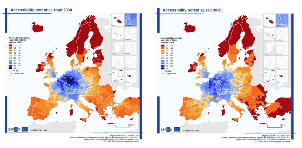 Figur 15. Tillgänglighetspotential 2030 (väg och järnväg) Källa: ESPON (2019a). State of the European Territory.