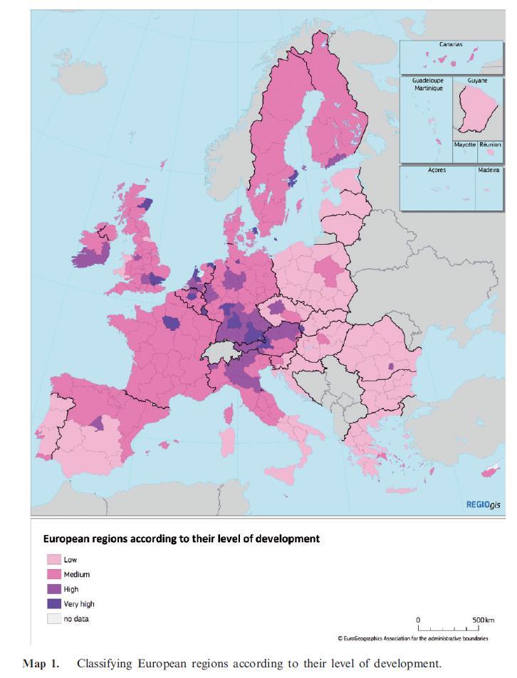 Figur 16. Europeiska regioner enligt utvecklingsnivå (riksområden i Sverige) Källa: Iammarino, S., Rodriguez-Pose, A. & Storper, M. (2018).