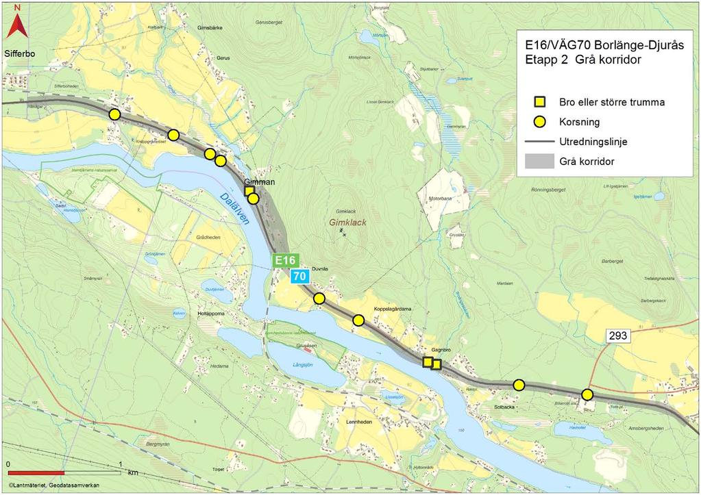 Grå korridor Befintlig sträckning (enligt vägplan från 2016) Korsningsåtgärder & stängningar Parallellvägar (ersättningsvägar, gång- och cykelvägar) Korsning E16/väg 293