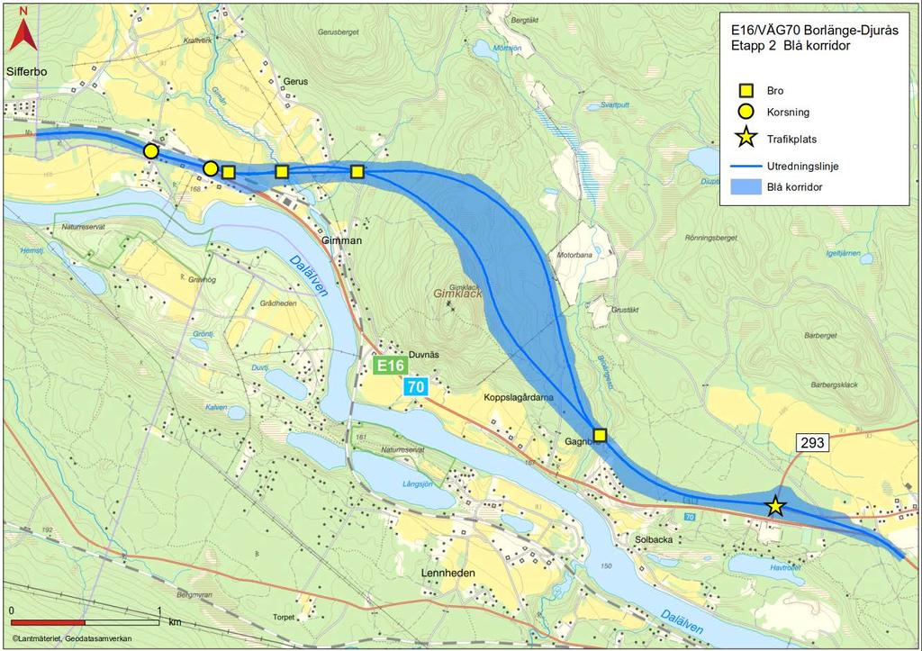 Blå korridor Befintlig väg Lokalväg Trafikplats E16/väg 293, anslutning till Lokalvägen Bro över Broängesbäcken vid