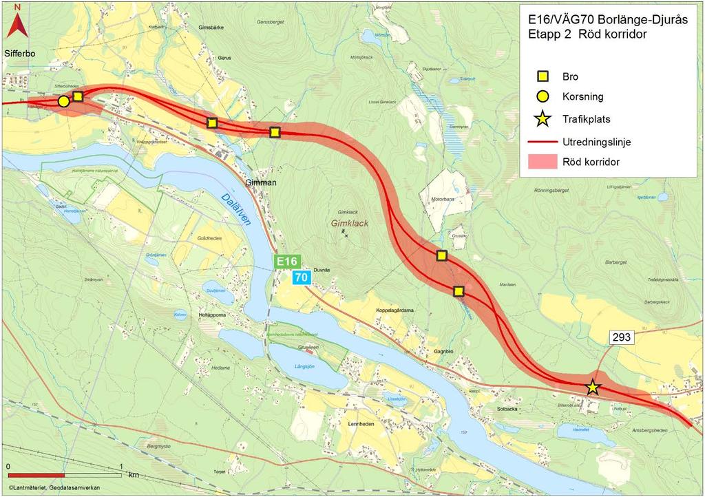 Röd korridor Befintlig väg Lokalväg Trafikplats E16/väg 293, anslutning till Lokalvägen Bro över Broängesbäcken vid Gagnbroravinen Ny