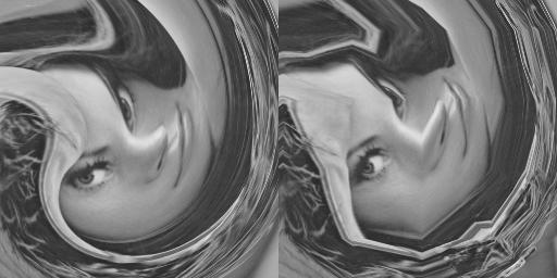 44 Tillämpningar Figur 6.5. Ickelinjär transformation i fragment-processorn (till vänster) respektive styckvis linjär transformation med vertex-processorn (till höger). hålkameramodellen.