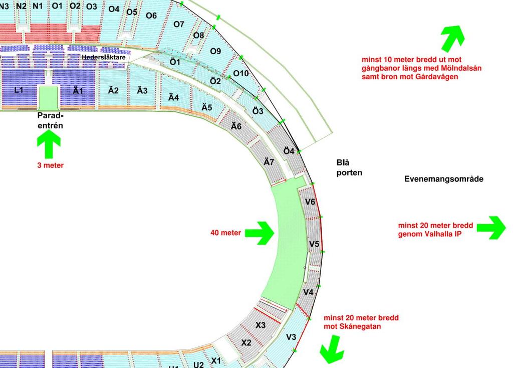 4 2.2 Beskrivning av befintliga förutsättningar Ullevi används bl a för konserter med publik på plan. Som mest kan det befinna sig upp till 41 000 personer på plan.