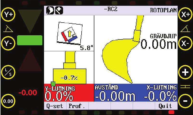GRÄVSYSTEM 2D: Översikt Indikerar skopans höjdläge - hög, i nivå eller låg Referensmetod (Skopa, laser eller 3D) Tiltvinkelindikator Grönt = ytans lutning Visning av maskinens riktning i förhållande