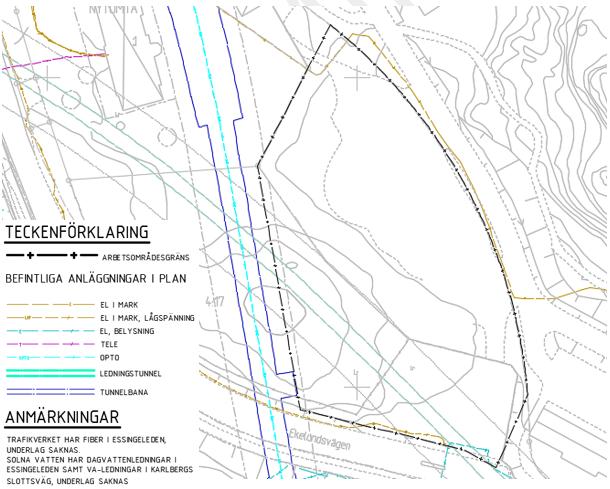 Sida 6 av 23 3 BEFINTLIG SITUATION 3.1 BEFINTLIGA LEDNINGAR Befintliga ledningar i anslutning till planområdet är el; belysning, mellan- och lågspänning, samt opto och tele.