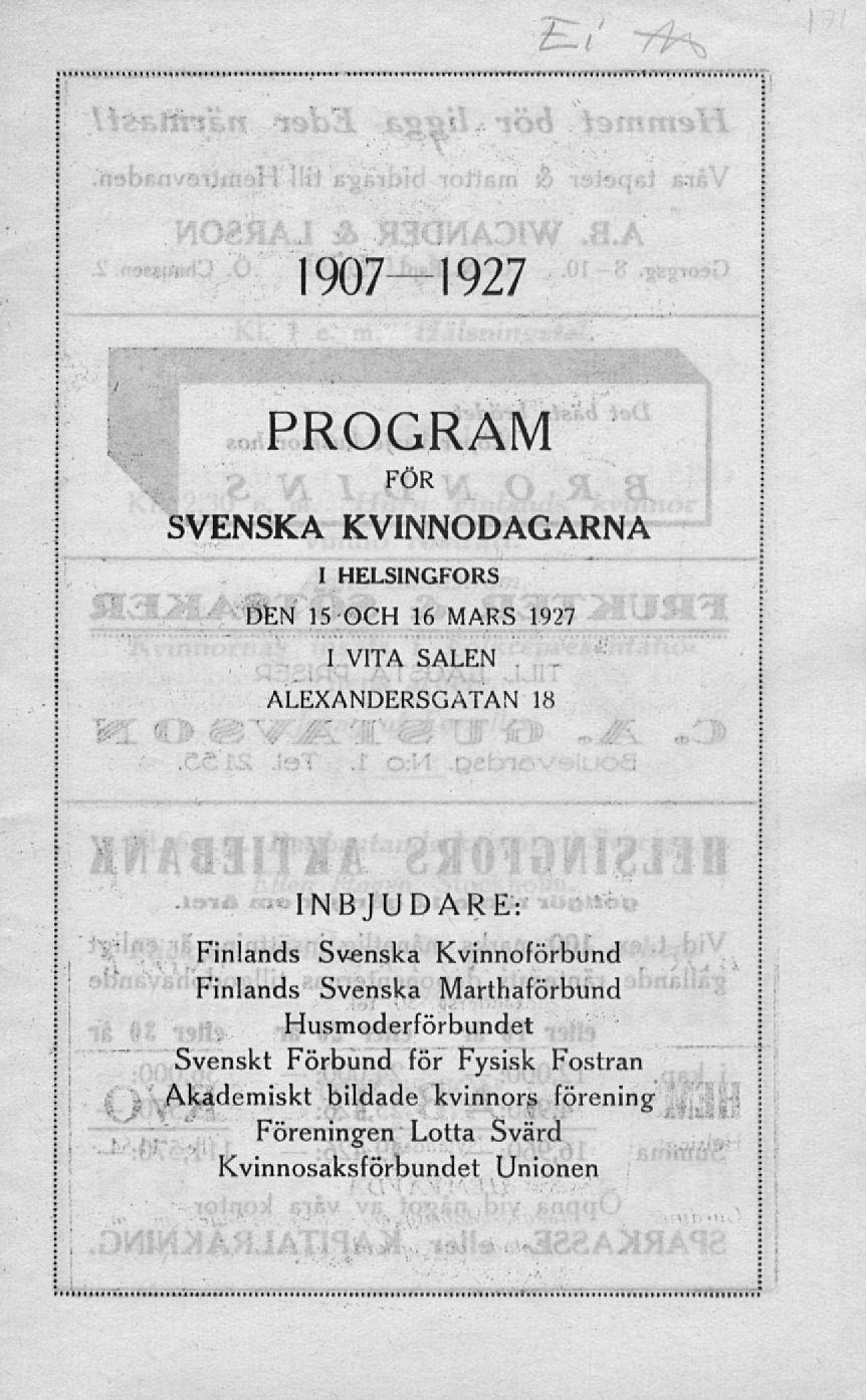 1907-1927 PROGRAM FÖR SVENSKA KVINNODAGARNA.