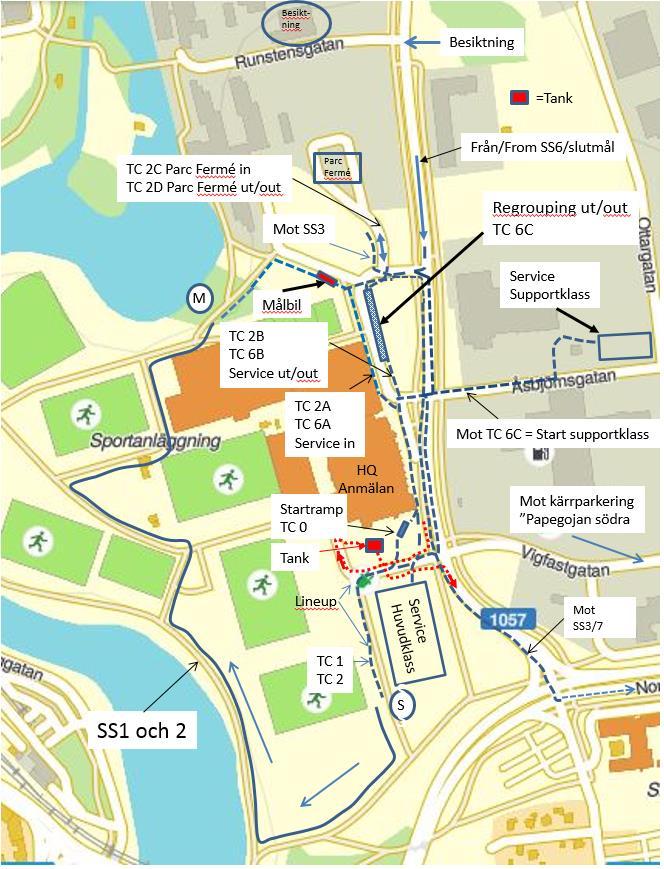 Karta över området kring HQ, inkluderat tidskontroller, serviceplats och SS1