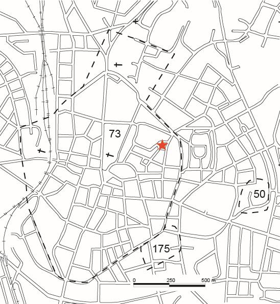 Figur 1. Lunds medeltida stad, fornlämning 73, med platsen för undersökningen markerad med en röd stjärna. Inledning På grund av en vattenläcka har markingrepp gjorts inom fastigheten Kv. Städet 10.