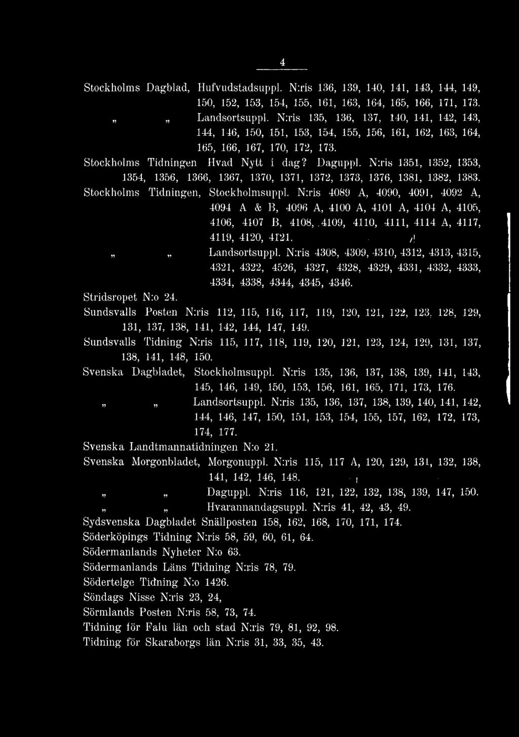 N:ris 4308, 4309, 4310, 4312, 4313, 4315, 4321, 4322, 4526, 4327, 4328, 4329, 4331, 4332, 4333, 4334, 4338, 4344, 4345, 4346. Stridsropet N:o 24.