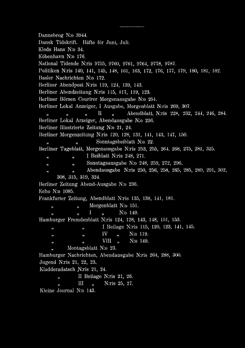 Sonntagsbeiblatt N:o 22. Berliner Tageblatt, Morgenausgabe N:ris 253, 255, 264, 268, 275, 281, 325. I Beiblatt N:ris 248, 271. Sonntagsausgabe N:o 248, 259, 272, 296.