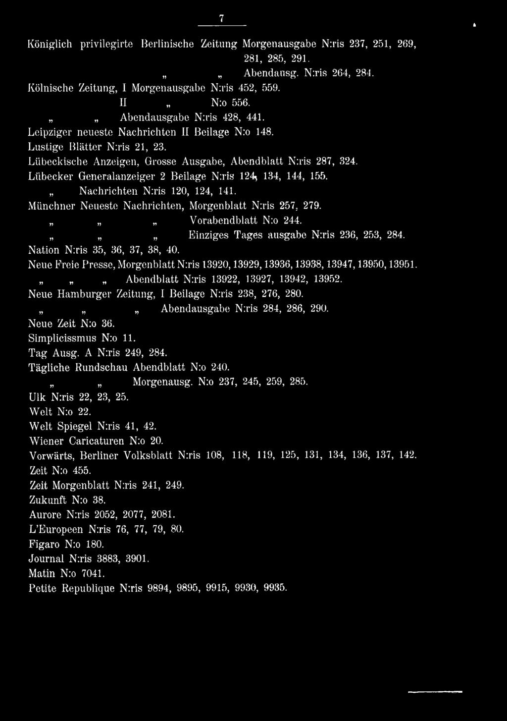 Abendblatt N:ris 13922, 13927, 13942, 13952. Neue Hamburger Zeitung, I Beilage N:ris 238, 276, 280. Abendausgabe N:ris 284, 286, 290. Neue Zeit N:o 36. Simplicissmus N:o 11. Tag Ausg.
