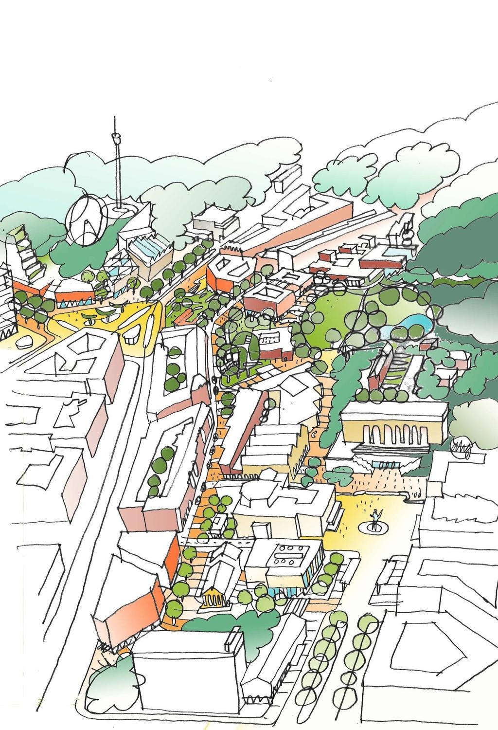 Illustration från Stadsutvecklingsprogrammet där tidiga skisser på aktuell detaljplans utveckling visas.
