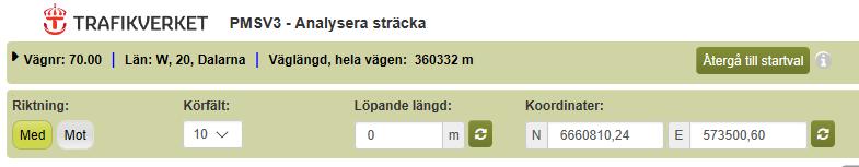 Hantera grafvyn när grafvyn öppnats. Verktygslisten ovanför graferna Info samt val för riktning och körfält. Ange en annan löpande längd och uppdatera så flyttas positionen.