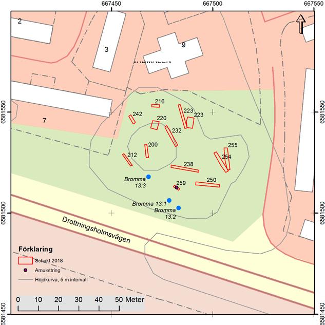 Arkeologgruppen AB rapport 2018:21 Figur 3. Schaktplan med samtliga schakt som drogs inom utredningsområdet och fornlämningarna Bromma 13:1-3.