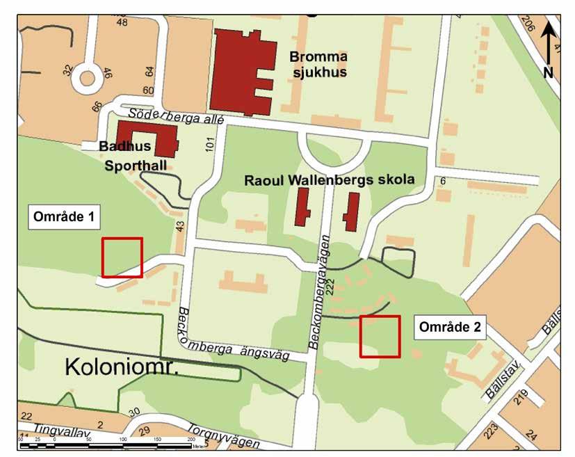 Figur 2. Översikt över Beckomberga sjukhusområde. De båda undersökningsområdena är markerade med rött. Utsnitt ur tätortskartan. Skala 1:4 000. stensättning (FMIS).