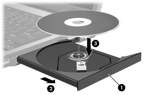 Maskinvarukomponenter Sätta i och ta ut optiska skivor (bara vissa modeller) Din notebook-dator kan se annorlunda ut än den som visas i bilderna i det här avsnittet. Sätta i en optisk skiva 1.