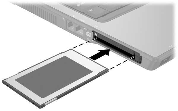 Maskinvarukomponenter Sätta i ett PC Card-kort ÄSe upp! Så här förhindrar du skada på uttagen: Använd minsta möjliga tryck när du sätter i ett PC Card-kort på en PC Card-kortplats.