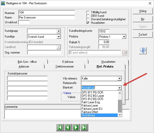 A r b e t s g å n g f ö r H u s a r b e t e Sida 5 4. På fliken Ref./Valuta väljer du blankettsetet Husfaktura. Välj Nej på frågan att ändra blanketten på samtliga kunder.