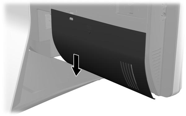 2. Sätt skyddet mot datorn (1) och placera platsen för kabellåset på skyddet ungefär 12 mm nedanför kabellåsplatsen på datorn. Skjut upp skyddet och sätt det på plats.